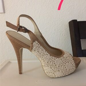 Elle Tan and Cream Sandals with Peep-Toe Slingback